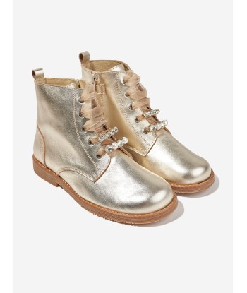 Andanines Girls Riboon Lace Up Boots in Gold paiement sécurisé