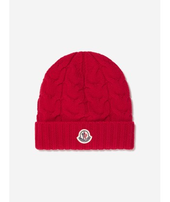 Moncler Enfant Boys Cable Knit Wool Beanie in Red en stock