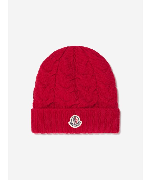 Moncler Enfant Boys Cable Knit Wool Beanie in Red en stock