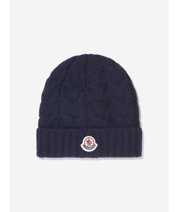 Moncler Enfant Boys Cable Knit Wool Beanie in Navy en stock