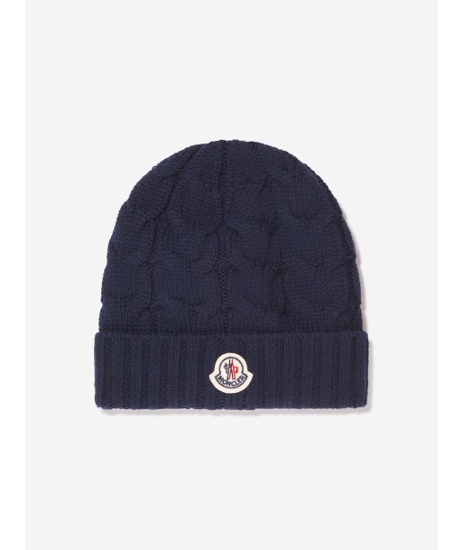 Moncler Enfant Boys Cable Knit Wool Beanie in Navy en stock