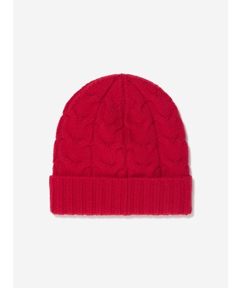 Moncler Enfant Boys Cable Knit Wool Beanie in Red en stock