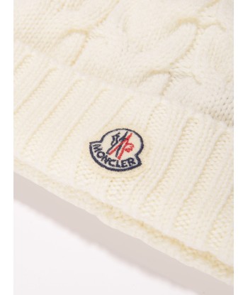 Moncler Enfant Boys Cable Knit Wool Beanie in White Découvrez la collection