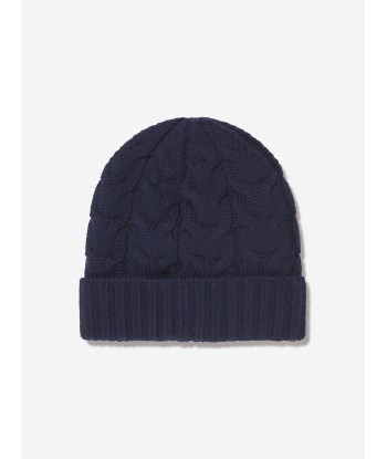 Moncler Enfant Boys Cable Knit Wool Beanie in Navy en stock