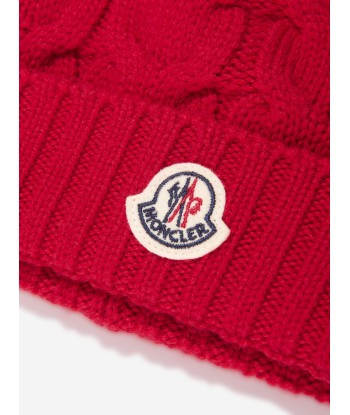 Moncler Enfant Boys Cable Knit Wool Beanie in Red en stock