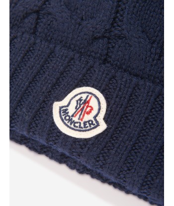 Moncler Enfant Boys Cable Knit Wool Beanie in Navy en stock