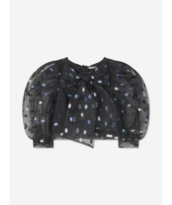 Mama Luma Girls Organza Sleeves Polka Dot Blouse in Navy Pour