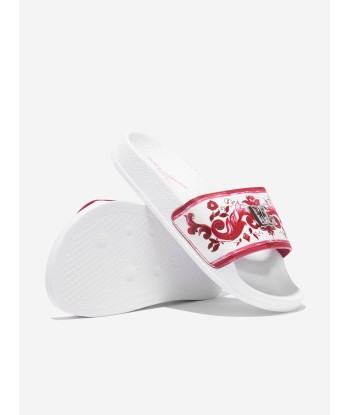 Dolce & Gabbana Girls Caltagirone Leather Sliders in White Jusqu'à 80% De Réduction