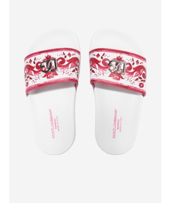 Dolce & Gabbana Girls Caltagirone Leather Sliders in White Jusqu'à 80% De Réduction