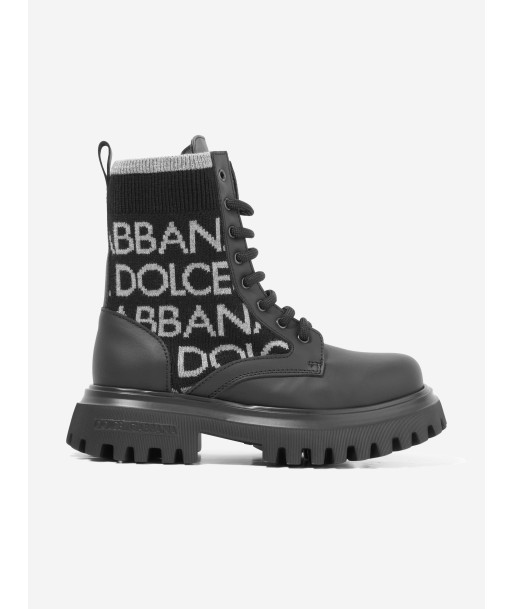 Dolce & Gabbana Boys Leather Logo Combat Boots in Black plus qu'un jeu 