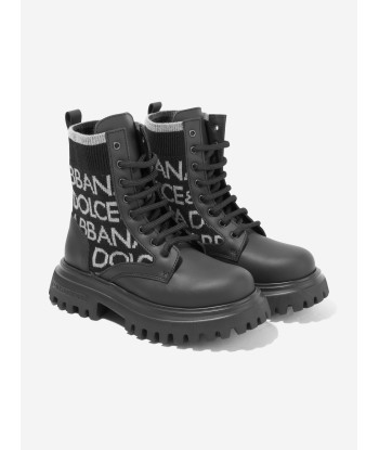 Dolce & Gabbana Boys Leather Logo Combat Boots in Black plus qu'un jeu 