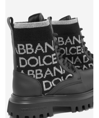 Dolce & Gabbana Boys Leather Logo Combat Boots in Black plus qu'un jeu 