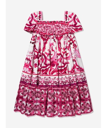 Dolce & Gabbana Girls Majolica Print Dress in Pink brillant des détails fins