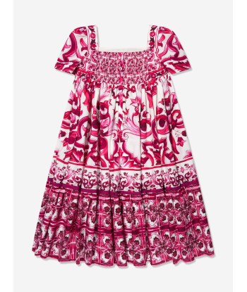 Dolce & Gabbana Girls Majolica Print Dress in Pink brillant des détails fins