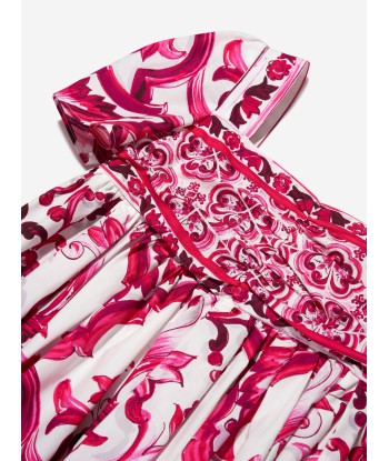 Dolce & Gabbana Girls Majolica Print Dress in Pink brillant des détails fins