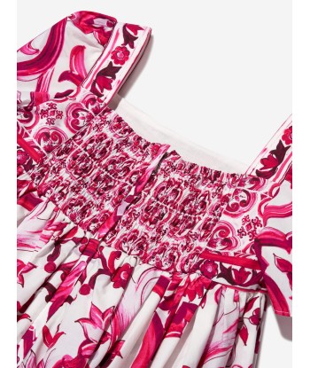 Dolce & Gabbana Girls Majolica Print Dress in Pink brillant des détails fins