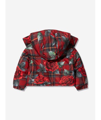 Dolce & Gabbana Girls Tartan Rose Puffer Jacket in Red shop