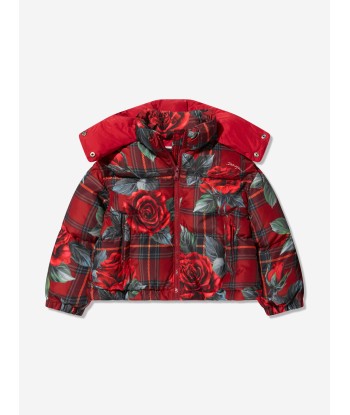 Dolce & Gabbana Girls Tartan Rose Puffer Jacket in Red shop