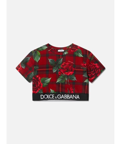 Dolce & Gabbana Girls Tartan Rose Cropped T-Shirt in Red en ligne