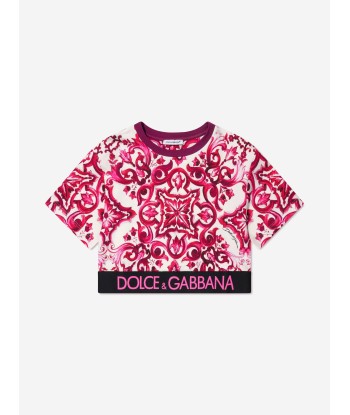 Dolce & Gabbana Girls Majolica Cropped T-Shirt in Pink de pas cher