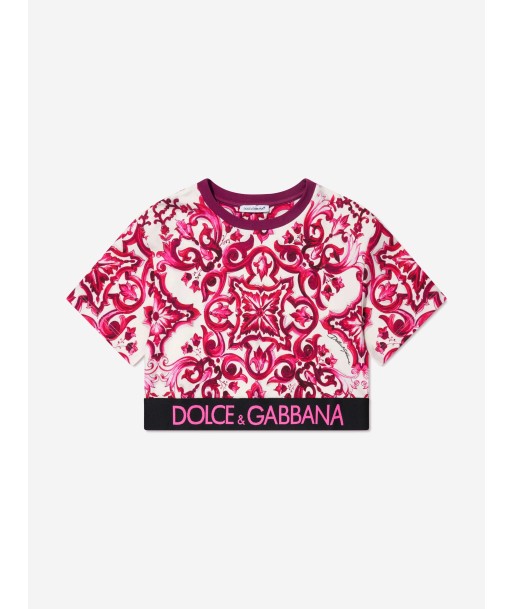 Dolce & Gabbana Girls Majolica Cropped T-Shirt in Pink de pas cher