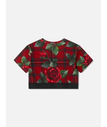 Dolce & Gabbana Girls Tartan Rose Cropped T-Shirt in Red en ligne