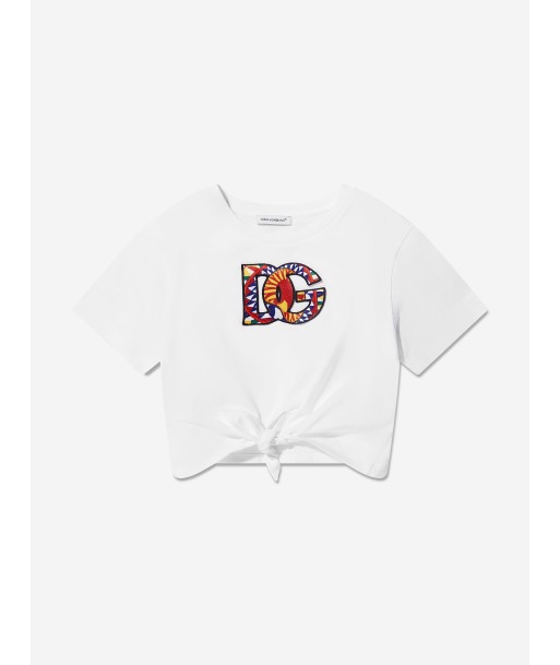 Dolce & Gabbana Girls Tie Front Logo T-Shirt in White commande en ligne