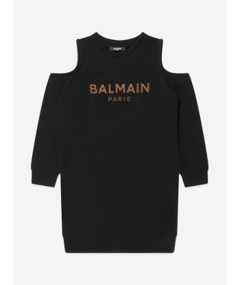 Balmain Girls Cotton Branded Open Shoulder Dress Découvrez la collection