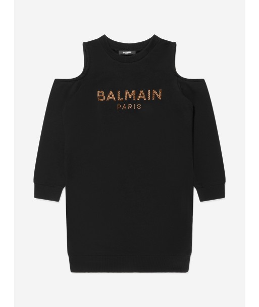 Balmain Girls Cotton Branded Open Shoulder Dress Découvrez la collection