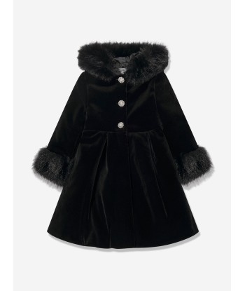 Patachou Girls Velvet And Fur Trim Coat in Black Jusqu'à 80% De Réduction