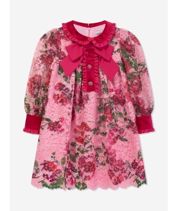 Patachou Girls Floral Lace And Velvet Dress in Pink pas cher 