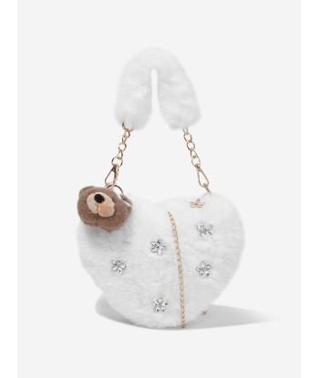 Monnalisa Girls Plush Heart Teddy Handbag in Ivory français