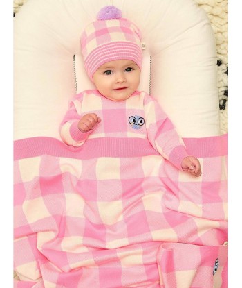 The Bonnie Mob Baby Girls Check Jacquard Knit Blanket in Pink livraison et retour toujours gratuits