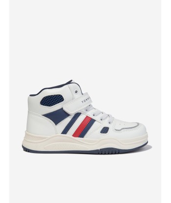 Tommy Hilfiger Boys Striped High Top Lace-Up Trainers in White pas cher