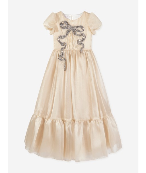 Marchesa Girls Bow Embellished Organza Gown in Gold En savoir plus