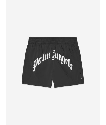 Palm Angels Boys Curved Logo Swim Shorts in Black sur le site 