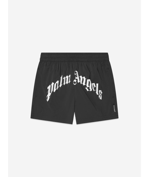 Palm Angels Boys Curved Logo Swim Shorts in Black sur le site 