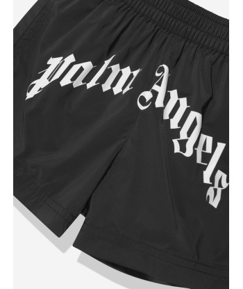 Palm Angels Boys Curved Logo Swim Shorts in Black sur le site 