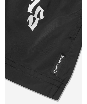 Palm Angels Boys Curved Logo Swim Shorts in Black sur le site 