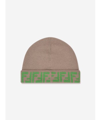 Fendi Kids FF Logo Reversible Beanie in Beige la chaussure