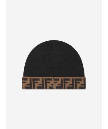 Fendi Kids FF Logo Reversible Beanie in Brown de la marque